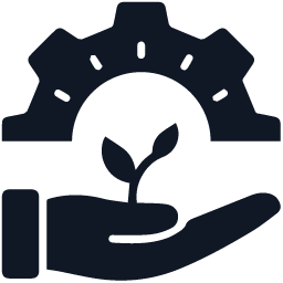 Plant in hand gear icon showing environmental responsibility values